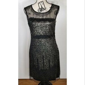 Adrianna Papell ~ Black Sequined Illusion Yoke Sheath Party Dress Size US 6 NWD